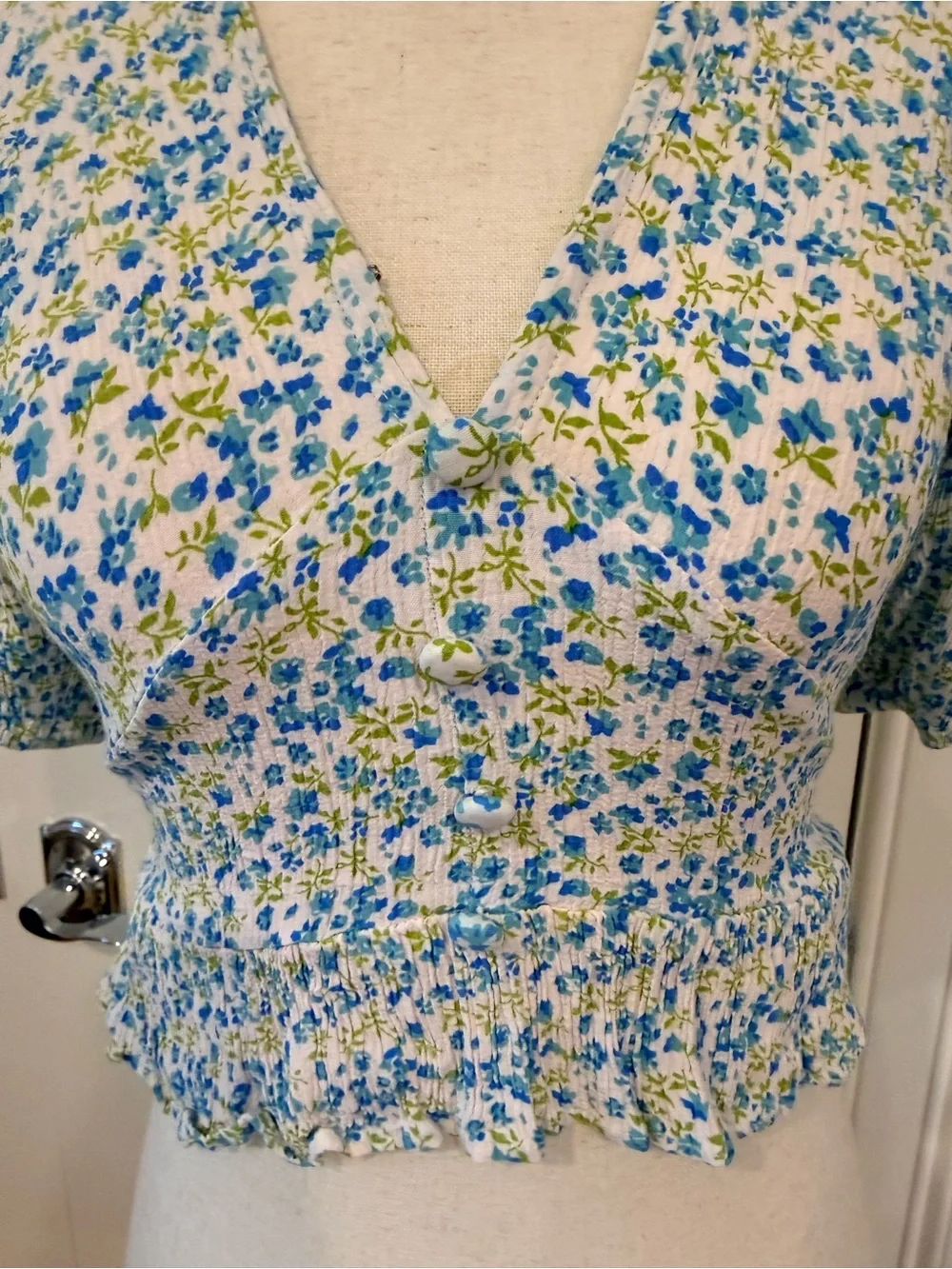 Faithfull the Brand Mona Blue and White Floral V-Neck Peplum Blouse